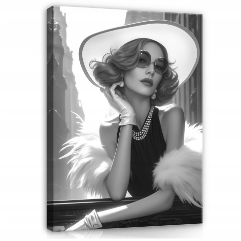 kvinna i hatt svartvitt på duk för vardagsrum sovrum 40x30