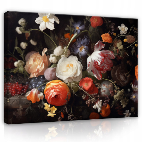 BRÖDDA BLOMMOR SVART BAKGRUND PÅ PLATT VÄGG SITTRUM 120x80