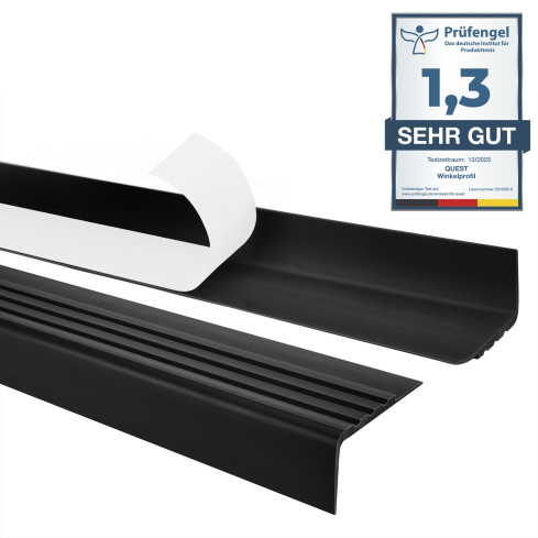 Halkfri trappkantlist PVC 30x27 mm, svart, självhäftande trapprofil med självhäftande tejp RM