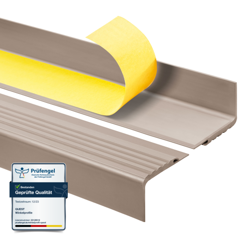Halkfri trappkantlist PVC 48x42 mm, sj&auml;lvh&auml;ftande trapprofil med sj&auml;lvh&auml;ftande tejp PMW, beige