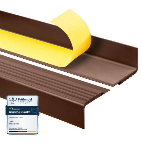 Halkfri trappkantlist PVC 48x42 mm, sj&auml;lvh&auml;ftande trapprofil med sj&auml;lvh&auml;ftande tejp PMW, brun