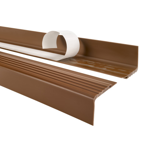 Halkfri trappkantlist PVC 48x42 mm, brun, självhäftande trapprofil med självhäftande tejp PMW
