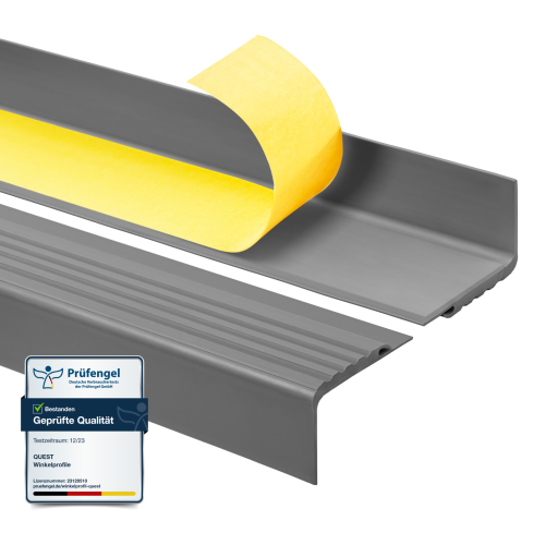 Halkfri trappkantlist PVC 48x42 mm, sj&auml;lvh&auml;ftande trapprofil med sj&auml;lvh&auml;ftande tejp PMW, m&ouml;rkgr&aring;
