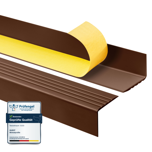 Halkfri trappkantlist PVC 50x42 mm, sj&auml;lvh&auml;ftande trapprofil med sj&auml;lvh&auml;ftande tejp RGP, brun