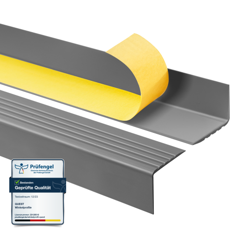 Halkfri trappkantlist PVC 50x42 mm, sj&auml;lvh&auml;ftande trapprofil med sj&auml;lvh&auml;ftande tejp RGP, m&ouml;rkgr&aring;