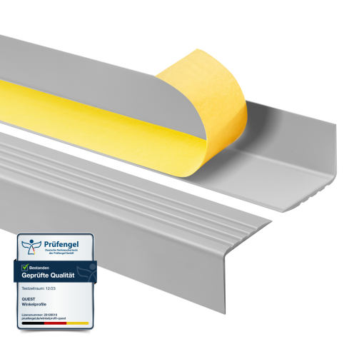 Halkfri trappkantlist PVC 50x42 mm, sj&auml;lvh&auml;ftande trapprofil med sj&auml;lvh&auml;ftande tejp RGP, gr&aring;