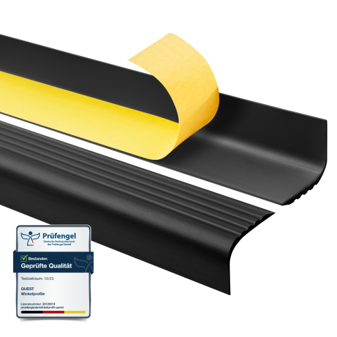 Halkfri trappkantlist PVC 52x40 mm, sj&auml;lvh&auml;ftande trapprofil med sj&auml;lvh&auml;ftande tejp RGPT, svart