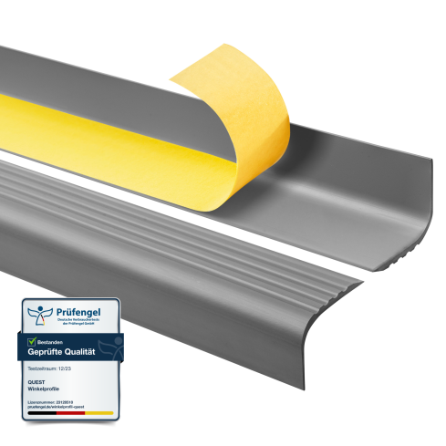 Halkfri trappkantlist PVC 52x40 mm, sj&auml;lvh&auml;ftande trapprofil med sj&auml;lvh&auml;ftande tejp RGPT, m&ouml;rkgr&aring;