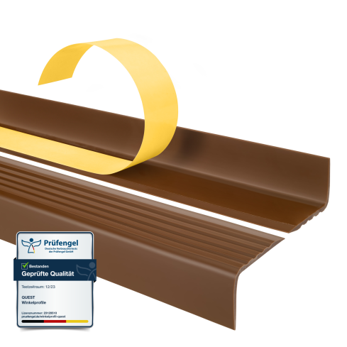 Halkfri trappkantlist PVC 40x25 mm, sj&auml;lvh&auml;ftande trapprofil med sj&auml;lvh&auml;ftande tejp ND, brun