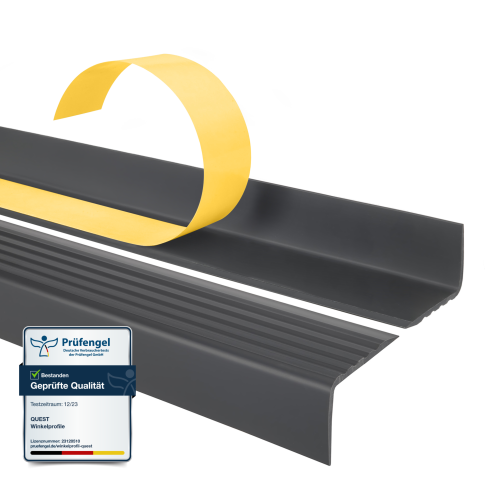 Halkfri trappkantlist PVC 40x25 mm, sj&auml;lvh&auml;ftande trapprofil med sj&auml;lvh&auml;ftande tejp ND, m&ouml;rkgr&aring;