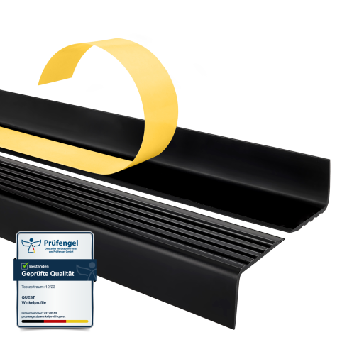 Halkfri trappkantlist PVC 40x25 mm, sj&auml;lvh&auml;ftande trapprofil med sj&auml;lvh&auml;ftande tejp ND, svart