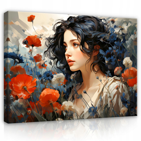 Image KVINNA BLOMMOR MAKI På Canvas Vägg till Vardagsrum Sovrum Stor 120x80