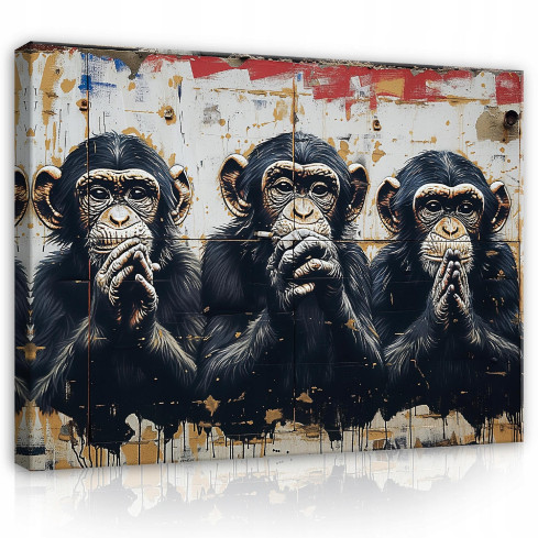 tre kloka apor modern abstraktion på duk vägg 120x80