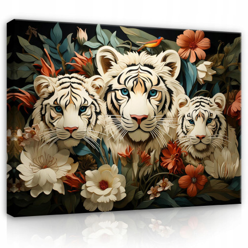 Målning TIGRINE ANIMAL FLOWERS På Canvas Vägg för sovrum vardagsrum 100x70