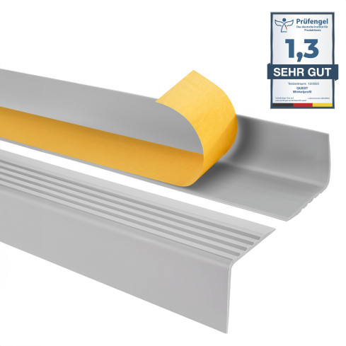 Halkfri trappkantlist PVC 50x42 mm, ljusgrå, självhäftande trapprofil med självhäftande tejp RGP