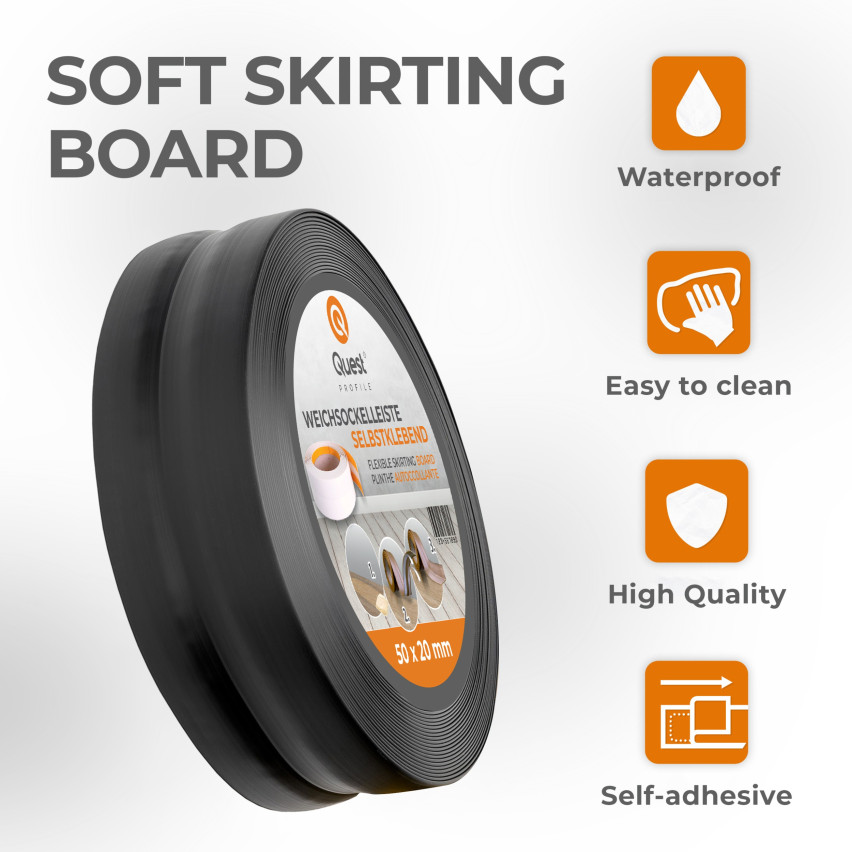 Självhäftande mjuk sockel 50x20 mm, flexibel beklädnad för kök och badrum, PVC-sockel, tätningstejp, svart