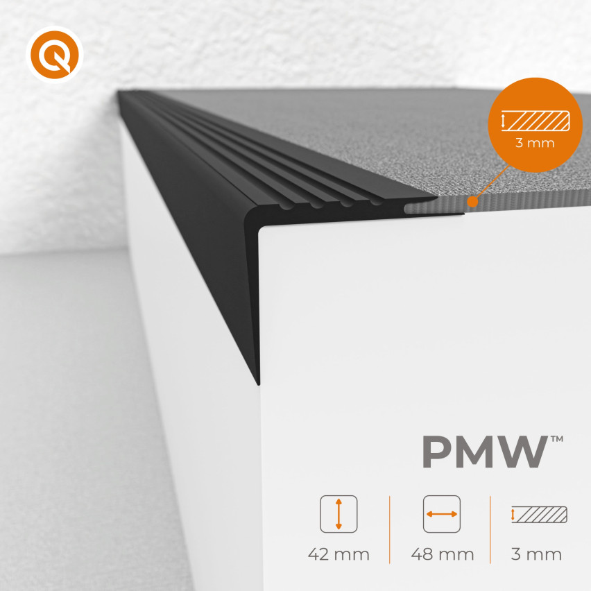 Halkfri trappkantlist PVC 48x42 mm, svart, självhäftande trapprofil med självhäftande tejp PMW