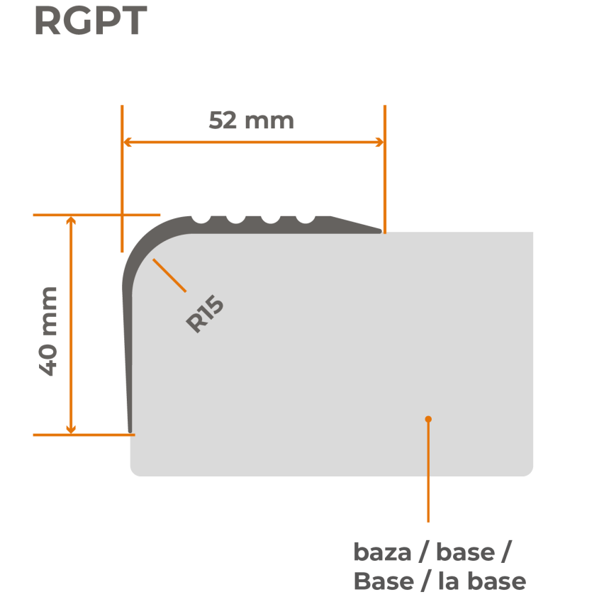 Halkfri trappkantlist PVC 52x40 mm, 150 cm, grå, trapprofil RGPT