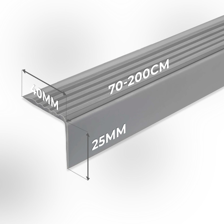 Halkfri trappkantlist PVC 40x25 mm, självhäftande trapprofil med självhäftande tejp ND, grå