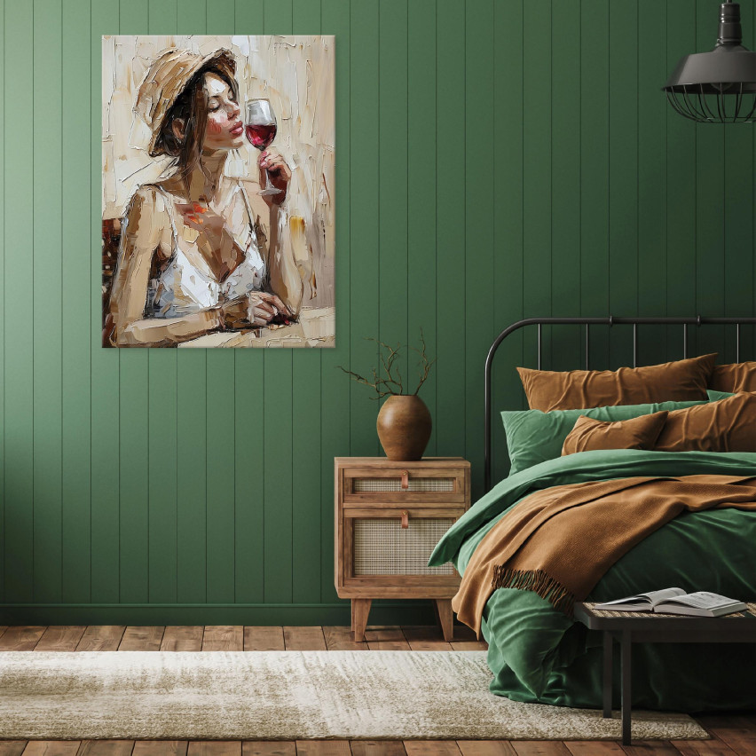 KVINNA MED VINKAPELETT DET SITTANDE VARDAGSRUMMET Väggtavla 40x30