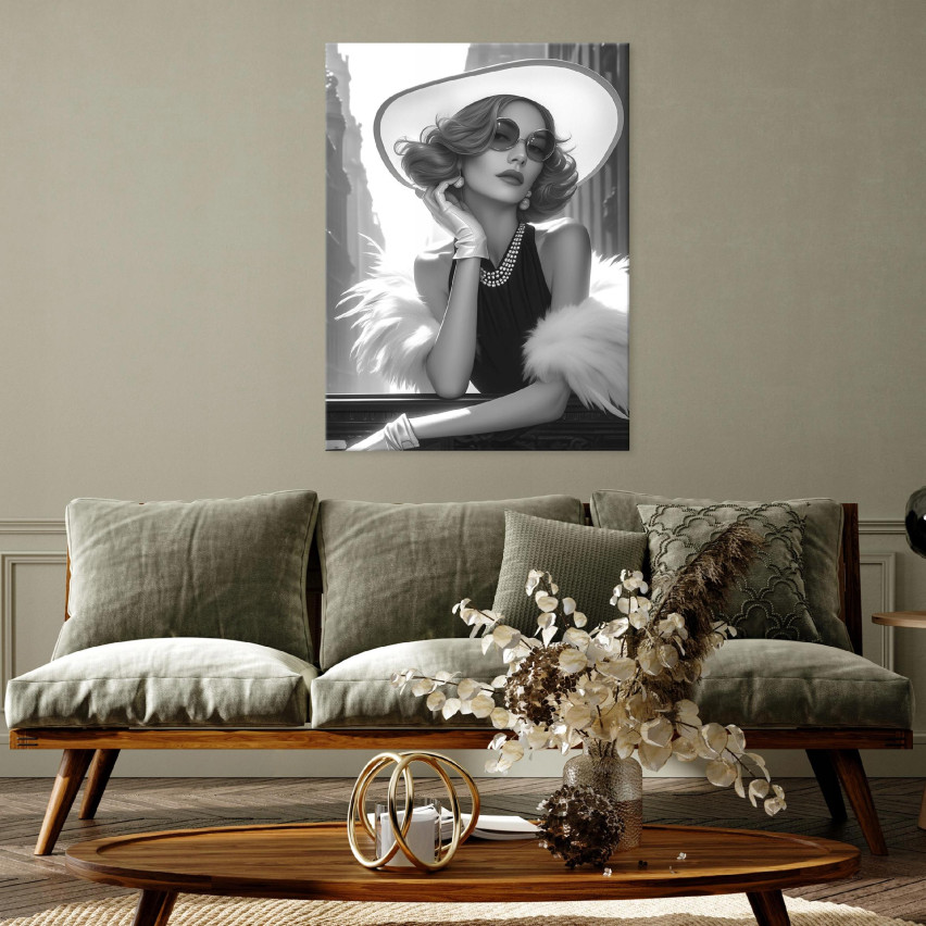 kvinna i hatt svartvitt på duk för sovrummet och vardagsrummet 100x70