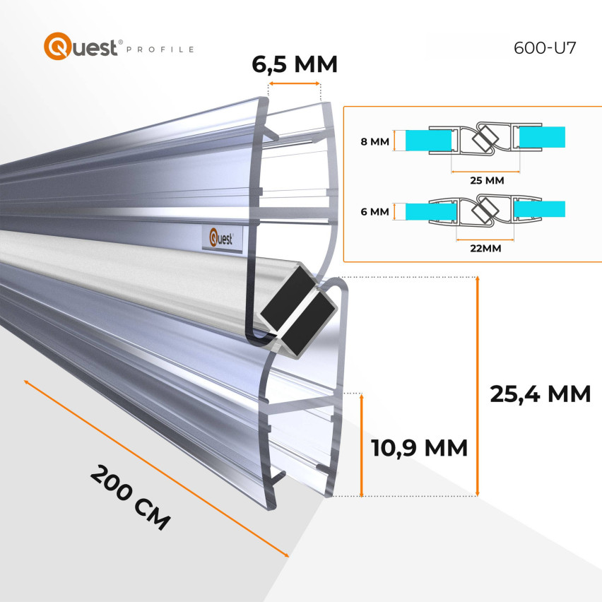 Duschpackning med magnetisk vinkel 200 cm, för glas 6-8 mm, transparent, 2 st