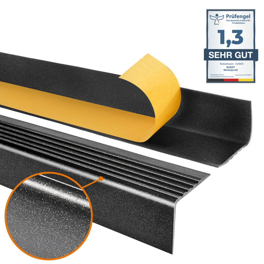 Halkfri trappkantlist PVC 50x42 mm, självhäftande trapprofil med självhäftande tejp RGP, svart-silver