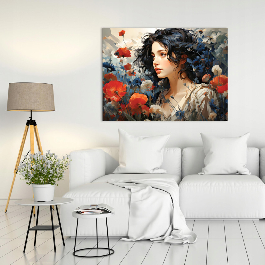 Image KVINNA BLOMMOR MAKI På Canvas Vägg till Vardagsrum Sovrum Stor 60x40