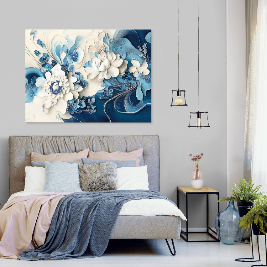 BLÅ BLOMMOR PÅ PANEL FÖR SOVRUM OCH RUM KÖK 100x70