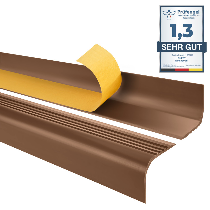 Halkfri trappkantlist PVC 52x40 mm, självhäftande trapprofil med självhäftande tejp RGPT, brun