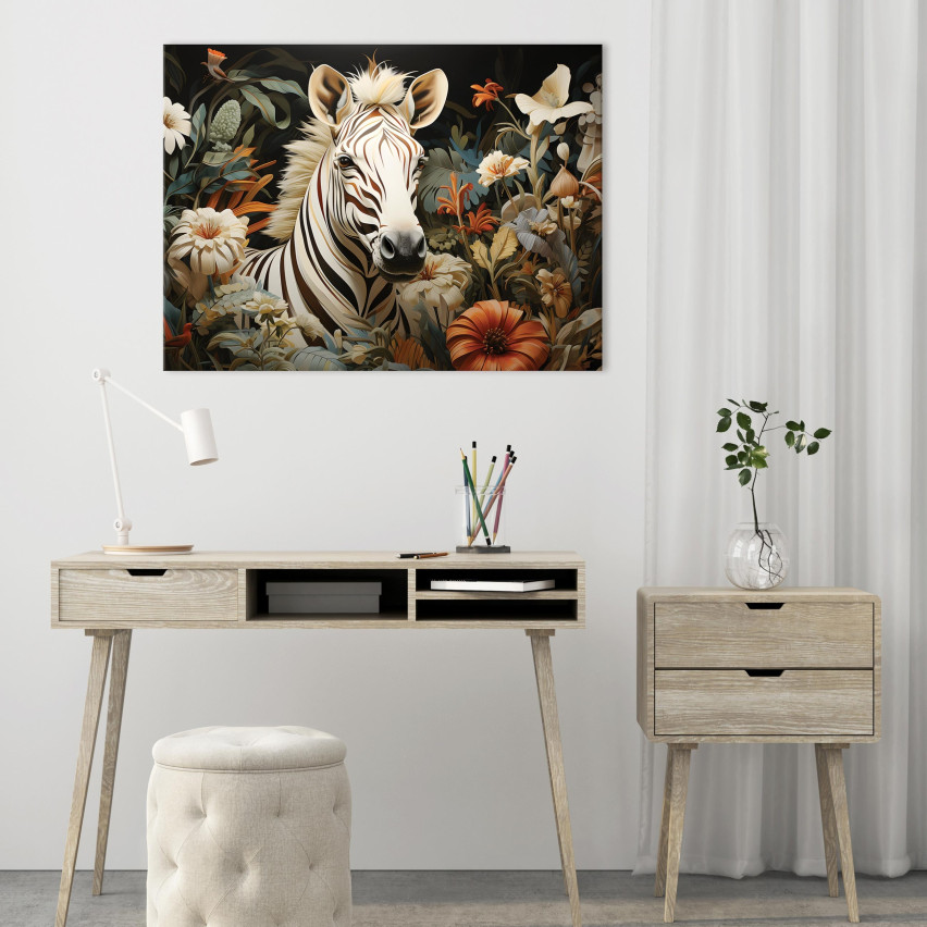 Image ZEBRA ANIMAL FLOWERS På Canvas Vägg Till Sovrum Vardagsrum 120x80