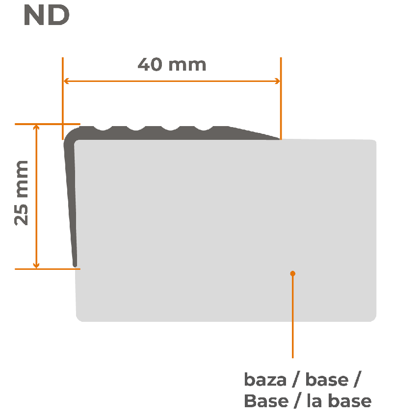 Halkfri trappkantlist PVC 40x25 mm, självhäftande trapprofil med självhäftande tejp ND, grå