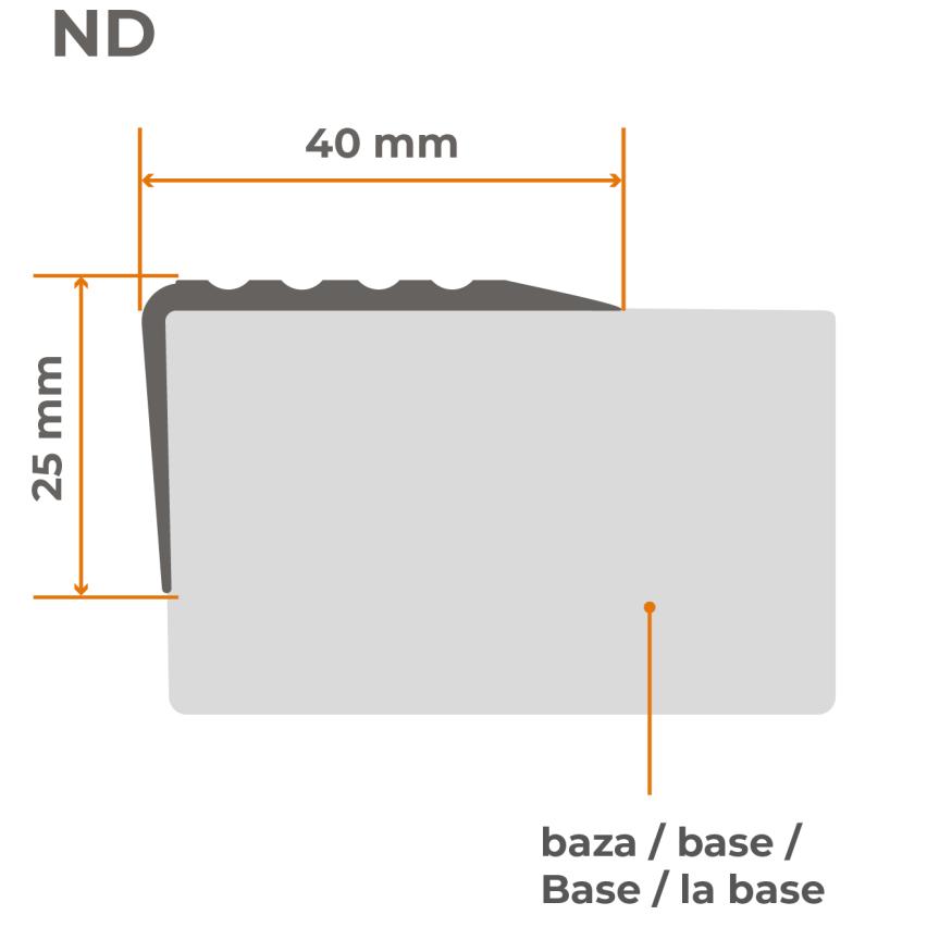 Halkfri trappkantlist PVC 40x25 mm, självhäftande trapprofil med självhäftande tejp ND, ljusgrå