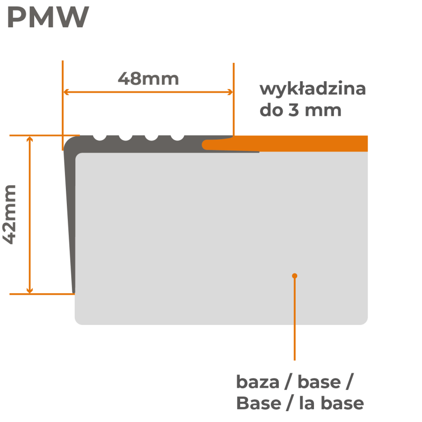 Halkfri trappkantlist PVC 48x42 mm, trapprofil, mörkgrå, 150 cm