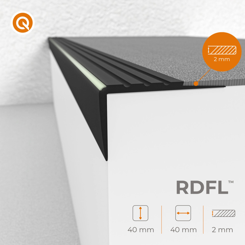 Halkfri trappkantlist PVC 40x40 mm, trapprofil RDFL, brun, 150 cm