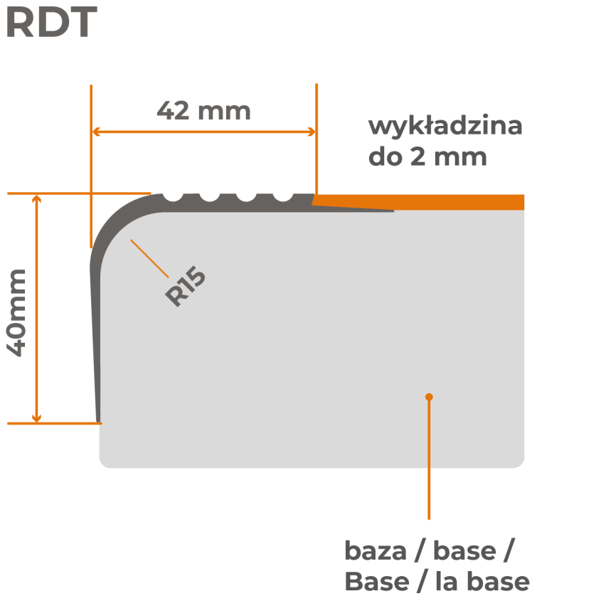 Halkfri trappkantlist PVC 40x42 mm, trapprofil RDT, mörkgrå, 150 cm