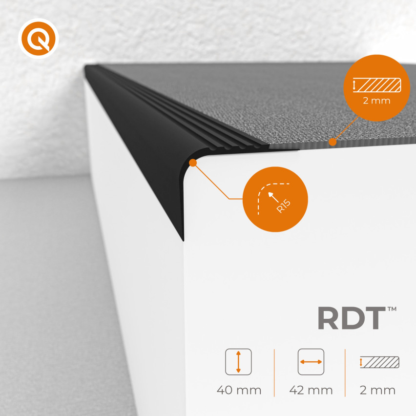 Halkfri trappkantlist PVC 40x42 mm, trapprofil RDT, grå, 150 cm