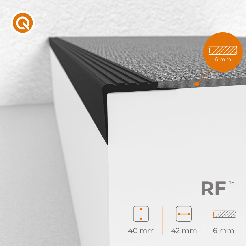 Halkfri trappkantlist PVC 42x40 mm, trapprofil RF, mörkgrå, 150 cm