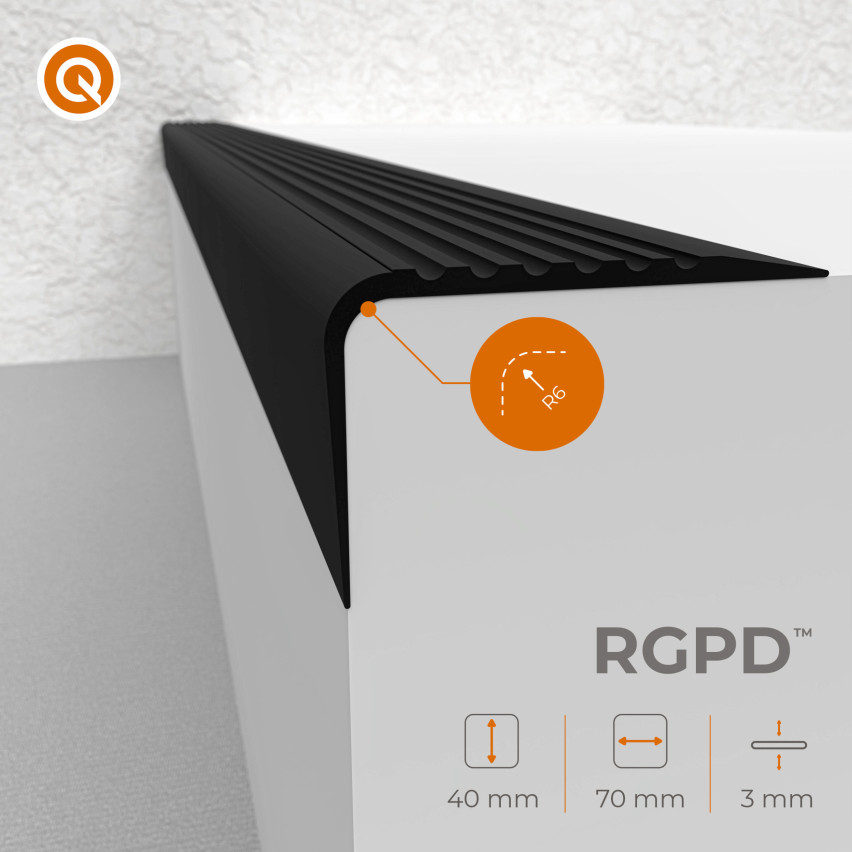 Halkfri trappkantlist PVC 70x40 mm, trapprofil RGPD, brun, 150 cm