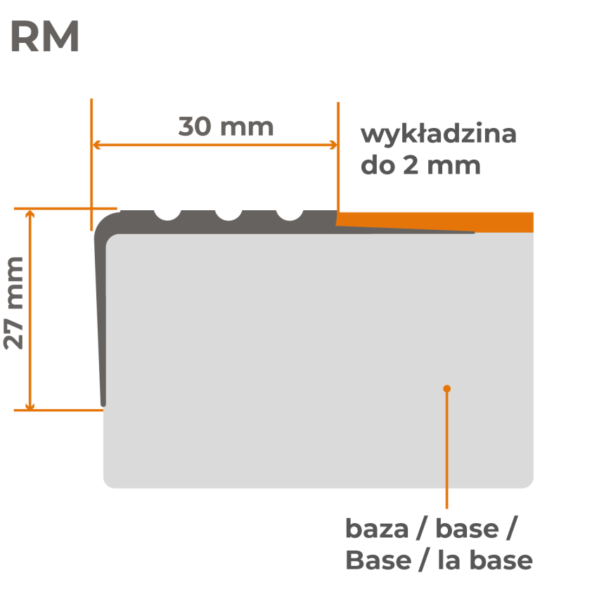 Halkfri trappkantlist PVC 30x27 mm, svart, självhäftande trapprofil med självhäftande tejp RM