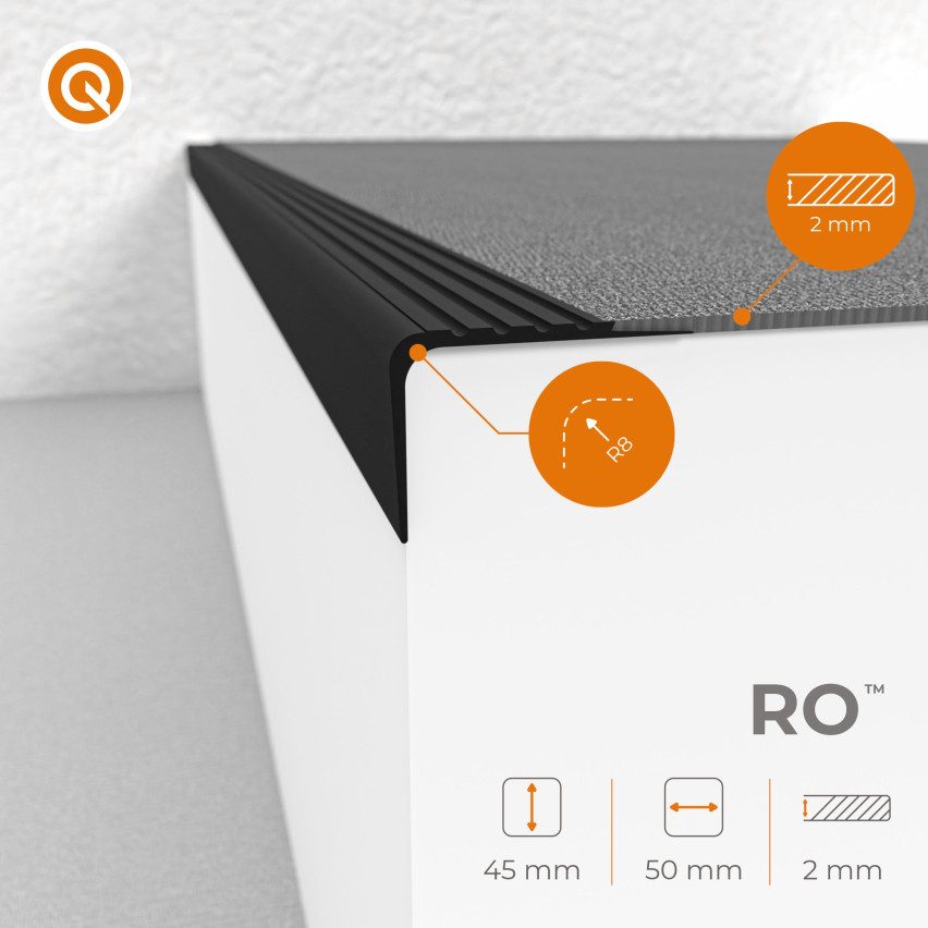 Halkfri trappkantlist PVC 50x45 mm, trapprofil RO, grå, 150 cm